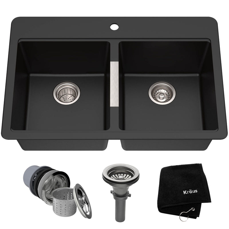 Quarza Undermount Granite Double Bowl Kitchen Sink, Black Onyx, 33x22x10-in X2448