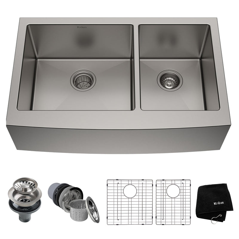 Standard PRO Apron Front Farmhouse Stainless Steel Double Bowl Kitchen Sink, 33x21x10-in O6335