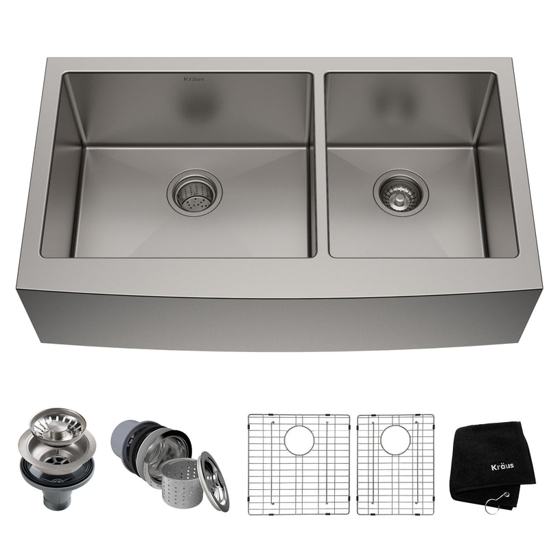 Standard PRO Apron Front Farmhouse Stainless Steel Double Bowl Kitchen Sink, 36x21x10-in O3018