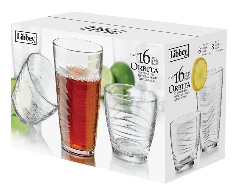 Orbita 16pc Tumbler Glassware Set, Dishwasher Safe, 8pc x 13-oz and 8pc x 18-oz G2642