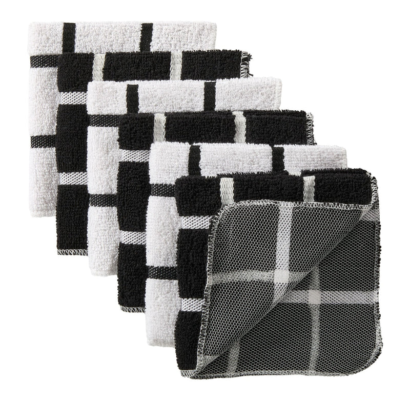 Terry Checkered Dish Cloths with Scrubber, Black, 6-pk Z3122
