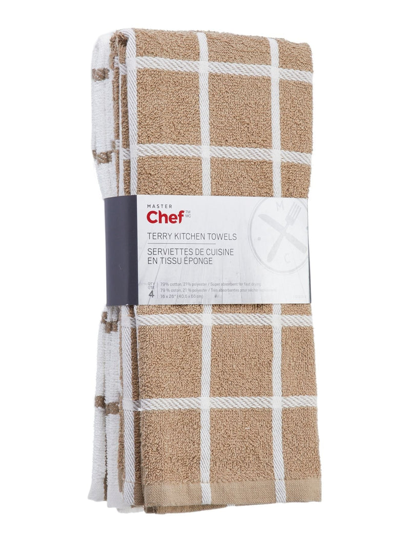 Terry Cotton Checkered Kitchen Towels, Reusable, 16-in x 26-in, 4-pk, Brown/White P3362
