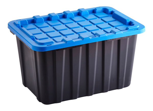 Heavy Duty Stackable Storage Box with Lid, 102-L, Black/Blue N9682