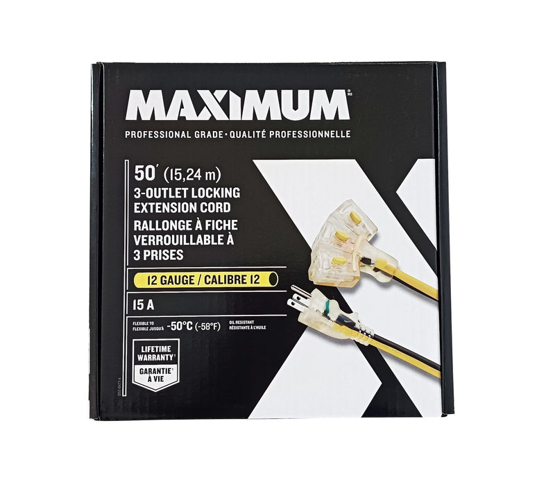 3-Outlet Locking Extension Cord, 50-ft, Yellow/Black F7831