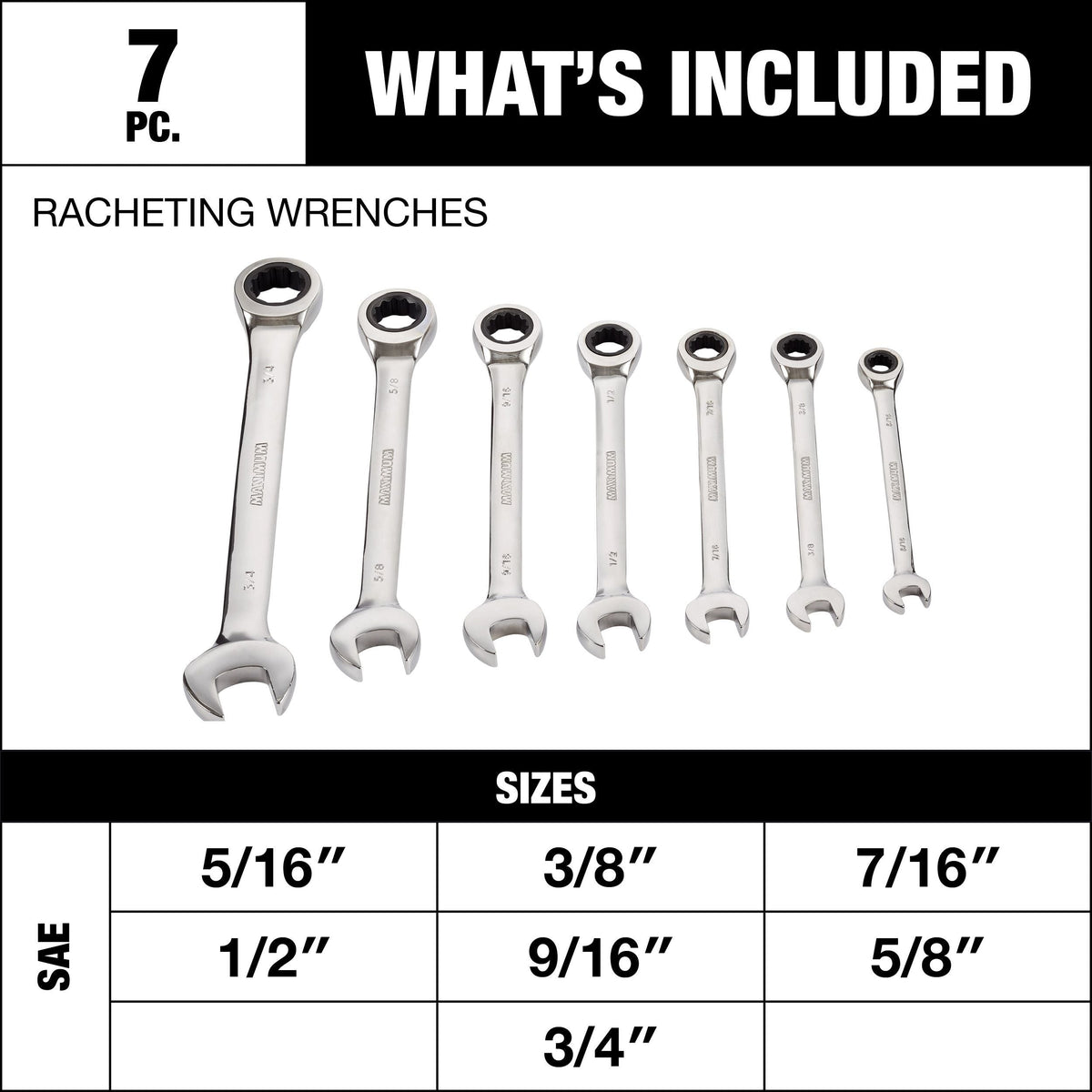 Ratcheting Wrench Set, SAE, Nickel-Chrome Plating, 7-pc
