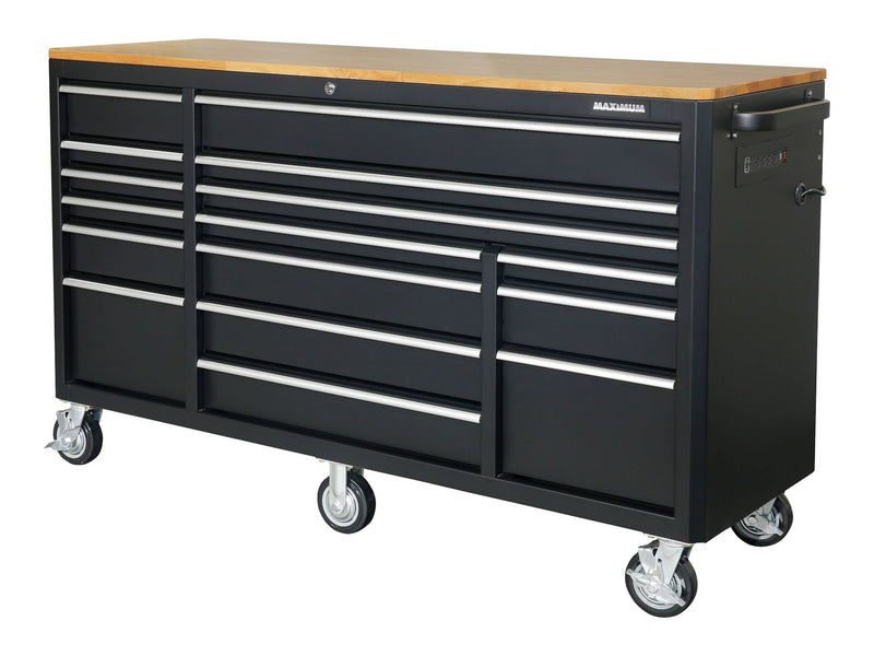Tool Cabinet with Wood Top and 4-Outlet Power Strip, Black, 74x24-in Q6957