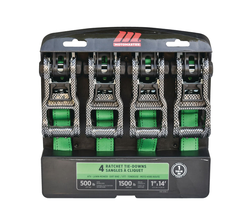 1,500-lb Carbon Ratchet Tie Downs, Weatherproof, 1-in x 14-ft, 4-pk, Green E465