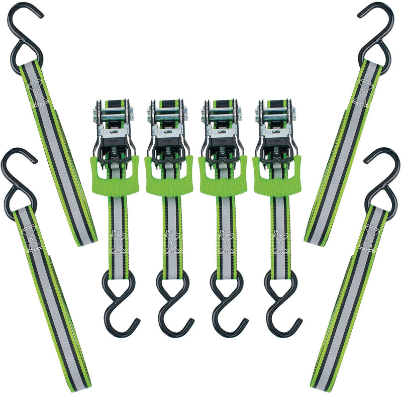 1,500-lb Reflective Ratchet Tie Down Strap, with Padded D-Handle, 1-in x 12-ft, 4-pk, Green R8045