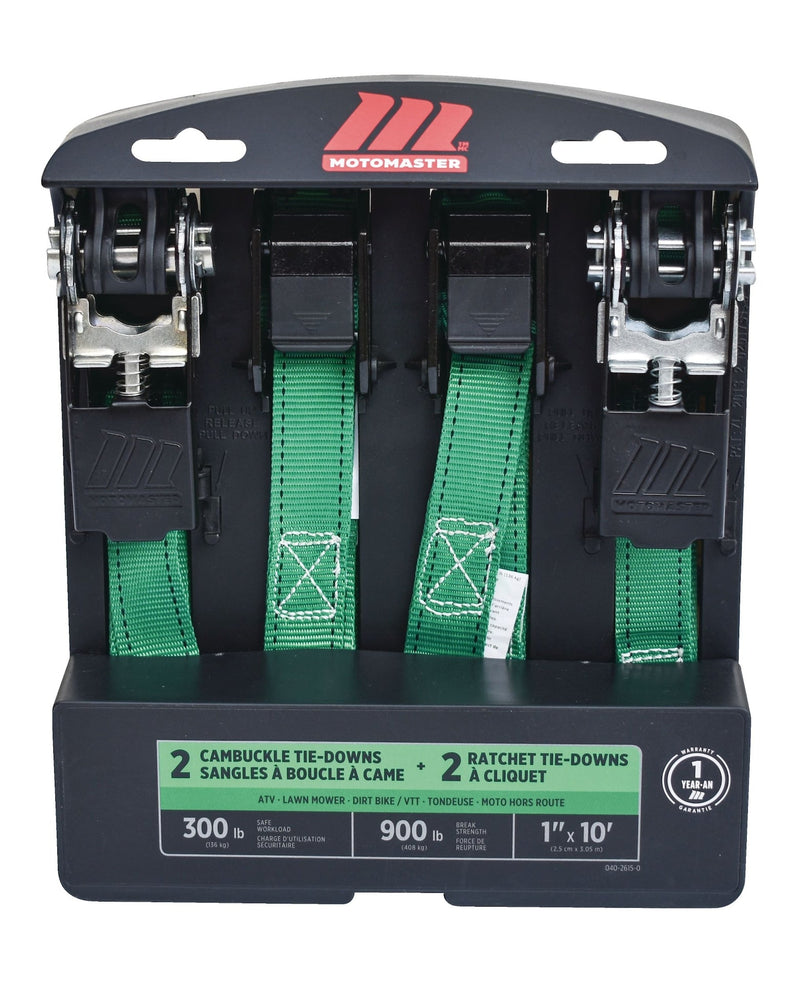 900-lb Ratchet/Cambuckle Tie-Down Straps, Non-Padded, 1-in x 10-ft, 4-pk Y1968