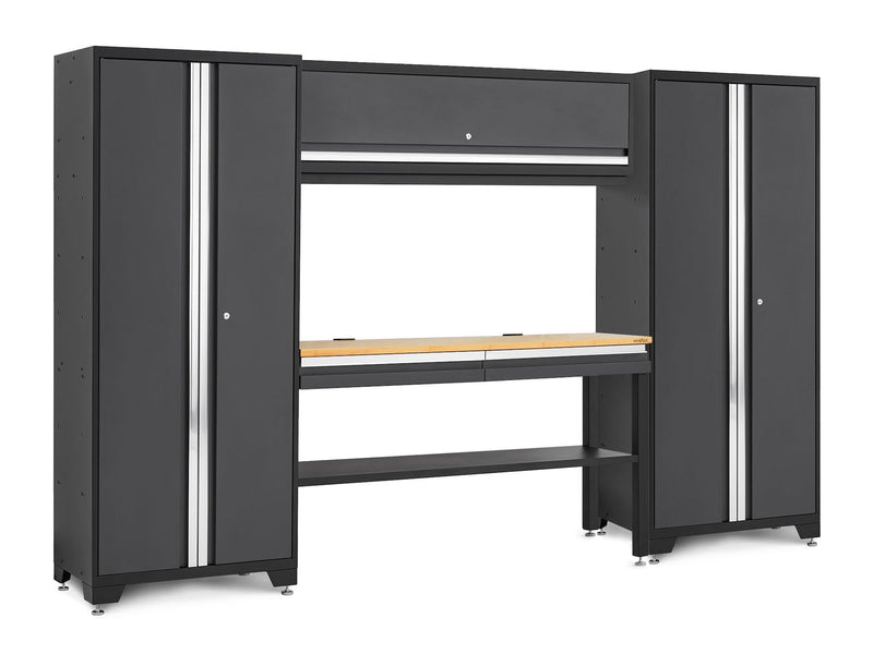 Bold 3.0 Series Lockable Steel Garage Cabinetry Set with Bamboo Top, Grey, 120-in x 18-in x 72-in, 5-pc U0184