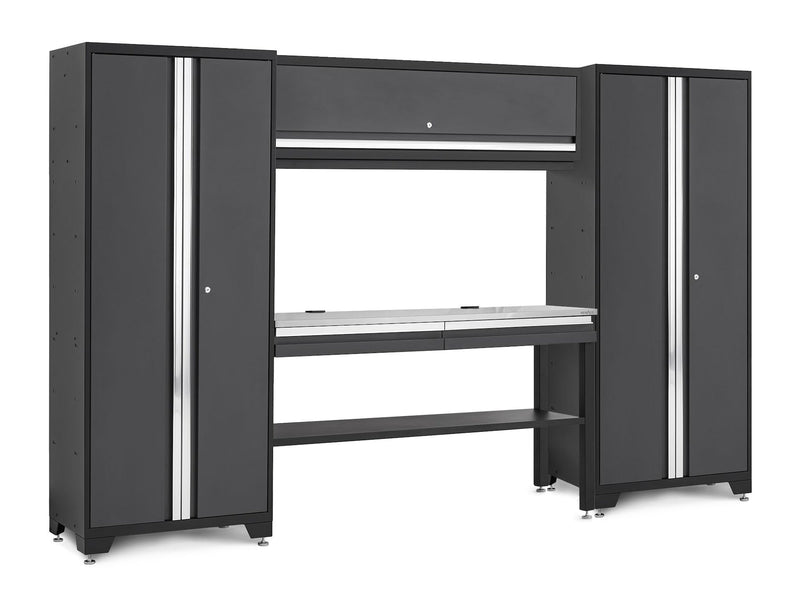 Bold 3.0 Series Lockable Steel Garage Cabinetry Set with Stainless Steel Top, Grey, 120-in x 18-in x 72-in, 5-pc T1166
