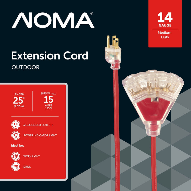 14/3 Outdoor Extension Cord with 3 Grounded Outlets & Lighted End, Red Q1978