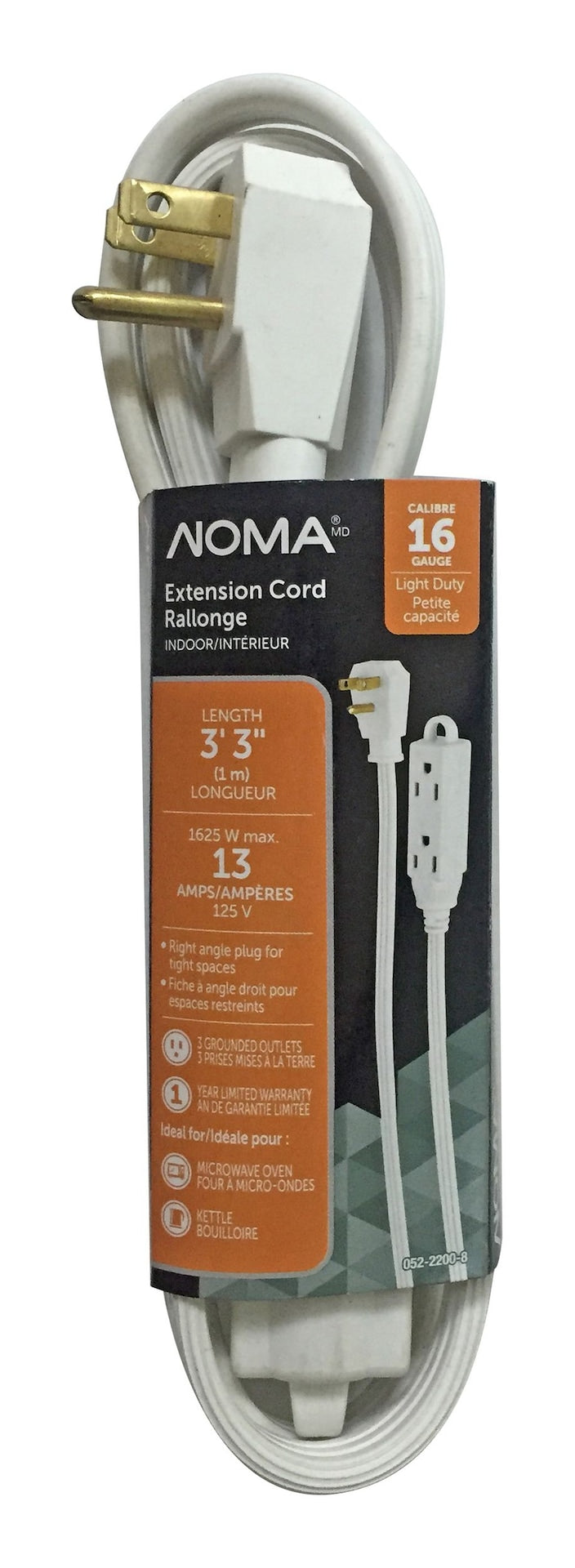 3-ft 3-in 16/3 Indoor Extension Cord with Right Angle Plug, 3 Grounded Outlets, White X7130