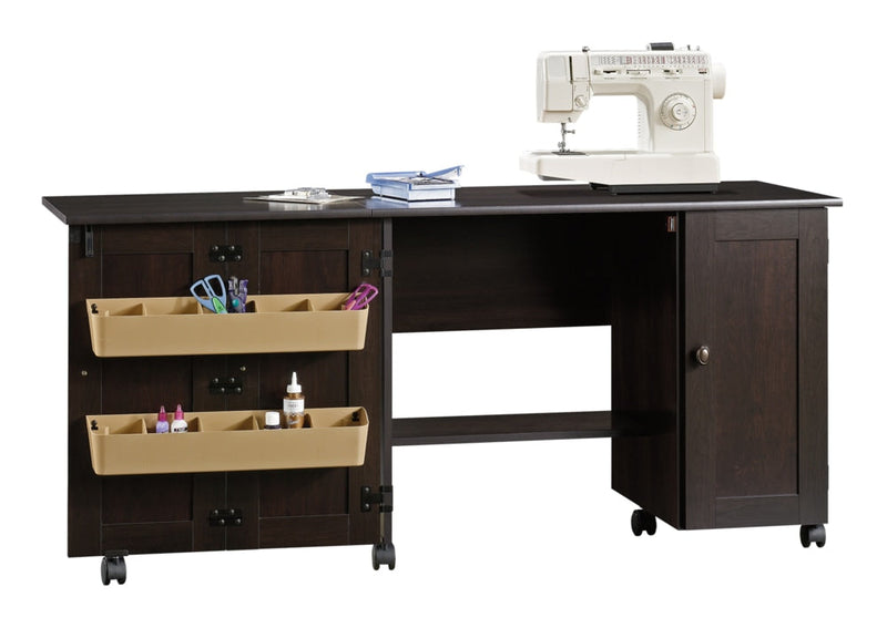 Folding Sewing & Craft Table/Storage Cart with Locking Wheels, Cinnamon Cherry Finish Y9109