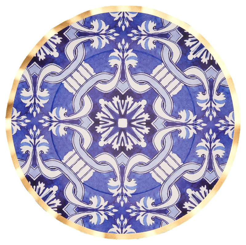 Moroccan Nights Round Bordered Trimmed Paper Disposable Dinner Plates, Blue/Gold, Tile, 10-in, 8-pk, for Mother's Day/Easter Q8697
