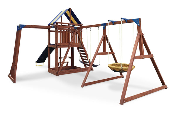 Grand Mesa Outdoor Wooden Play Centre, with Swings, Slide, Sandbox and More, Ages 5+ H5016