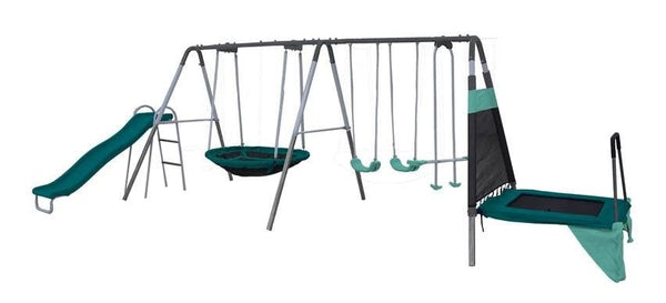 Outdoor Ravine Metal Swing Set Combo, 2 Swings, Glider, Trampoline & Saucer H3718