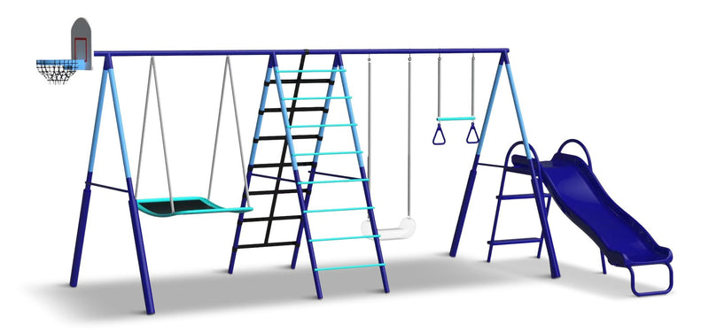 Sunset Slam Kids' 7-Station LED Metal Swing Set Combo with Basketball Hoop & Slide S7543