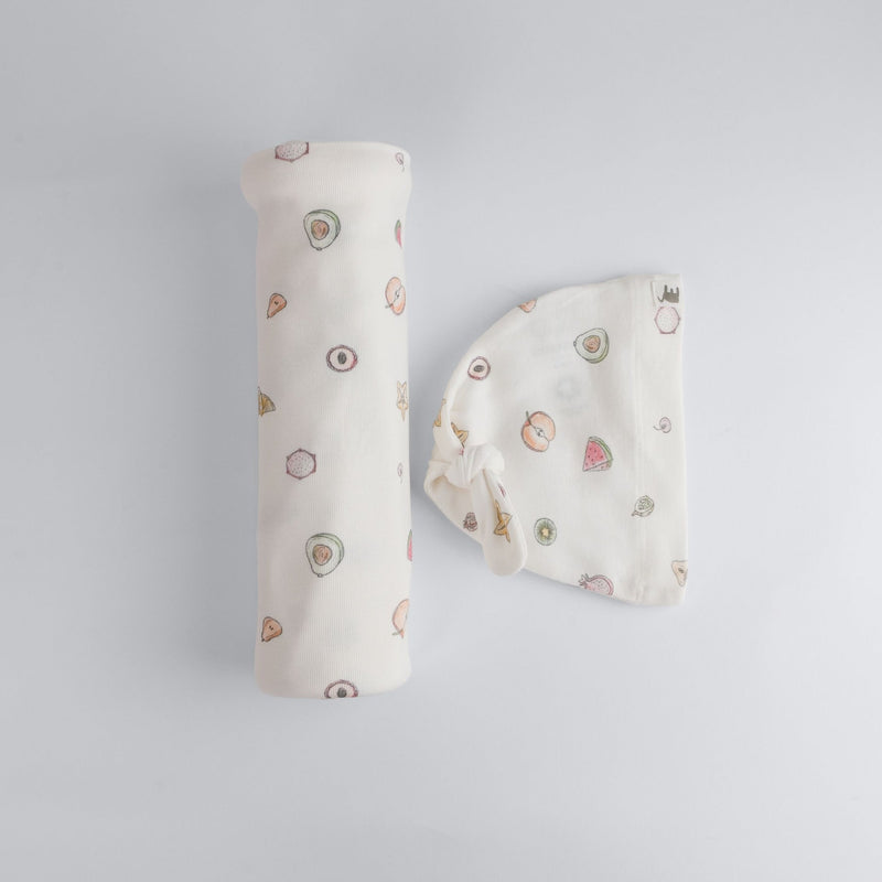 Fruit Print Premium Organic Cotton Blanket and Beanie Set L5879