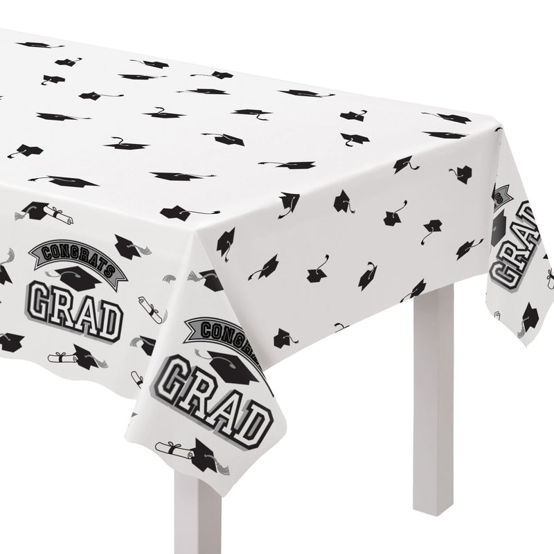 True to Your School "Congrats Grad" Rectangle Plastic Reusable Table Cover, Black/White, 54x84-in, for Graduation C1280
