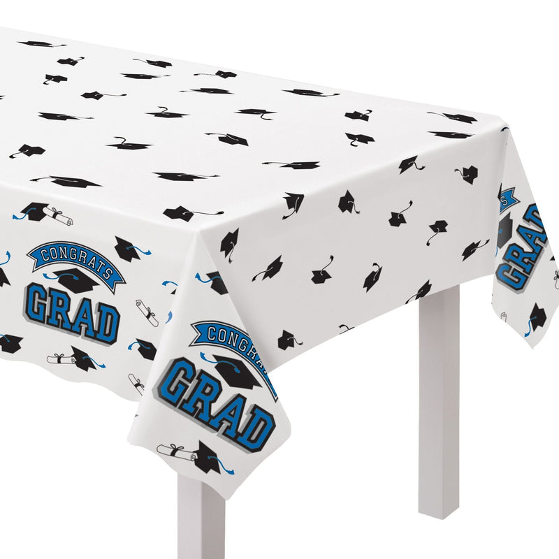 True to Your School "Congrats Grad" Rectangle Plastic Reusable Table Cover, Navy, 54x84-in, for Graduation J2421