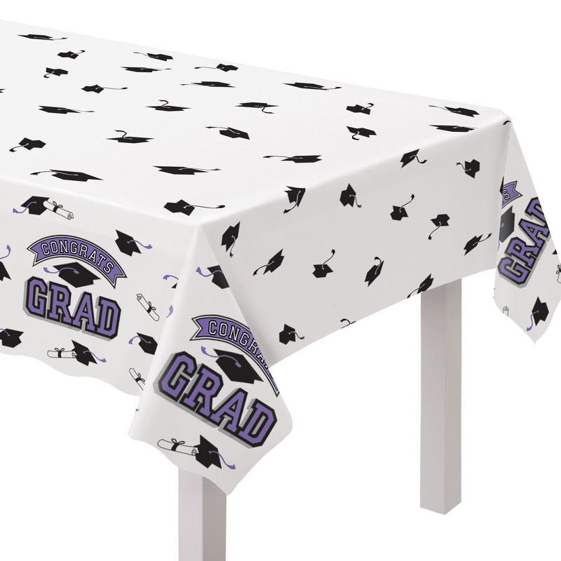 True to Your School "Congrats Grad" Rectangle Plastic Reusable Table Cover, Purple, 54x84-in, for Graduation J4065