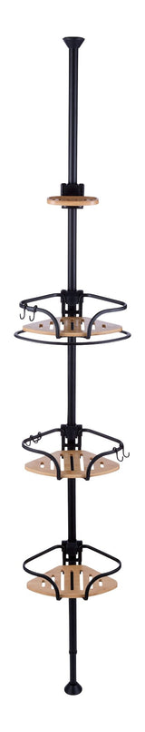 3-Tier Adjustable Rustproof Aluminum Shower Pole Caddy with Bamboo Trim, Matte Black