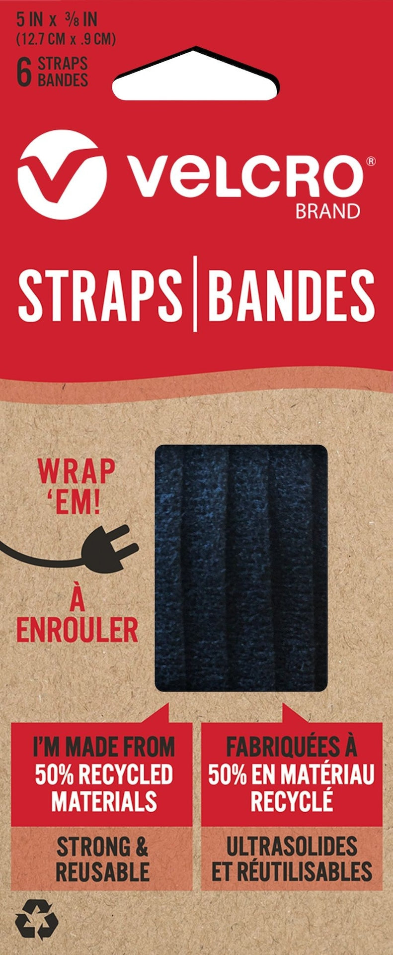 Hook-and-loop Adjustable Reusable Eco Pre-Cut Straps, Black, 5 x 0.3-in, 6-pk U5926