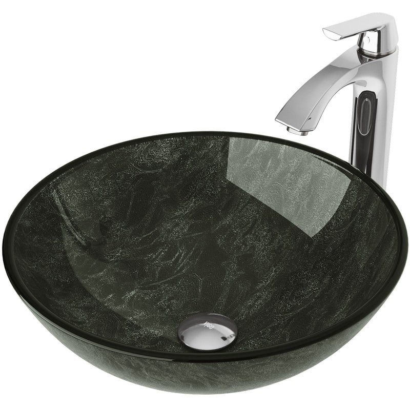 Glass Grey Onyx Bathroom Sink/Basin Set with Linus Faucet and Round Vessel E8416