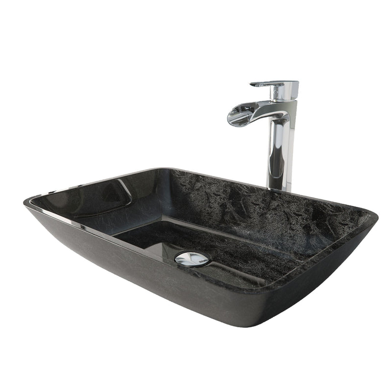 Glass Grey Onyx Bathroom Sink/Basin Set with Niko Faucet and Rectangular Vessel I1491