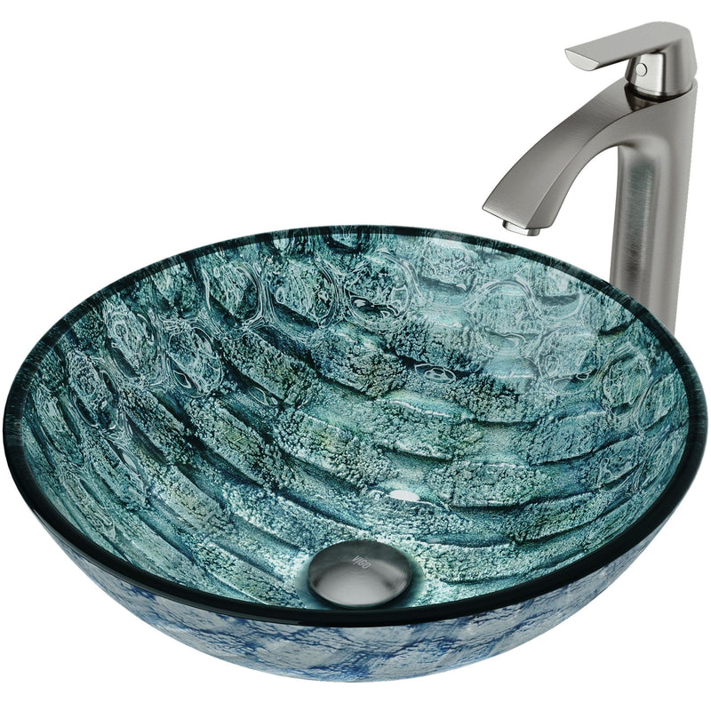 Glass Oceania Blue Bathroom Sink/Basin Set with Linus Faucet and Round Vessel X6708