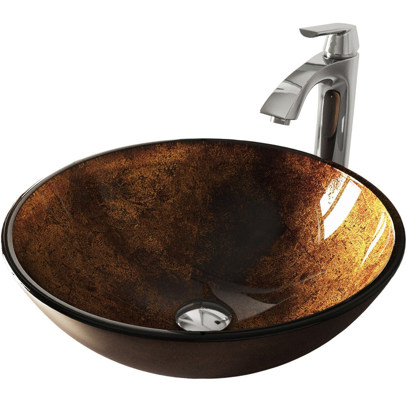 Glass Russet Brown Bathroom Sink/Basin Set with Linus Faucet and Round Vessel L2344