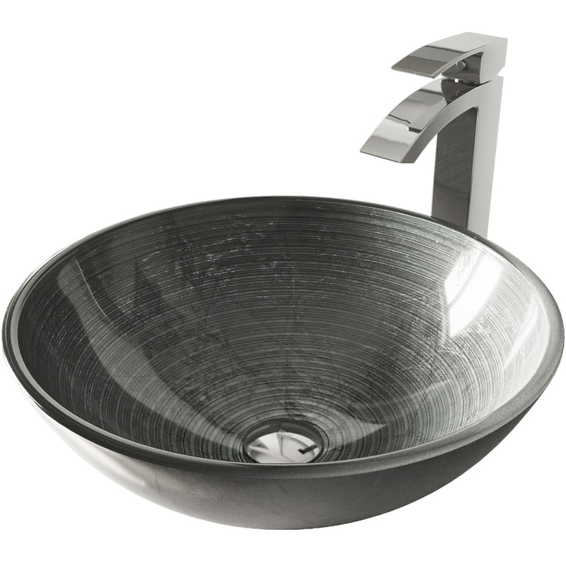 Glass Simply Silver Bathroom Sink/Basin Set with Chrome Duris Faucet and Round Vessel J3422