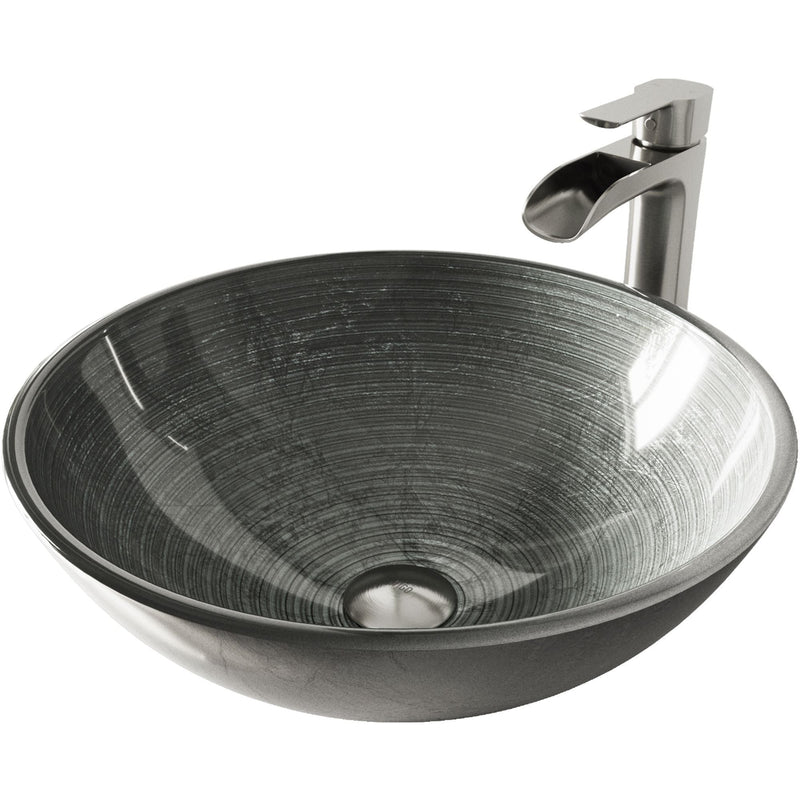 Glass Simply Silver Bathroom Sink/Basin Set with Niko Faucet and Round Vessel F8947