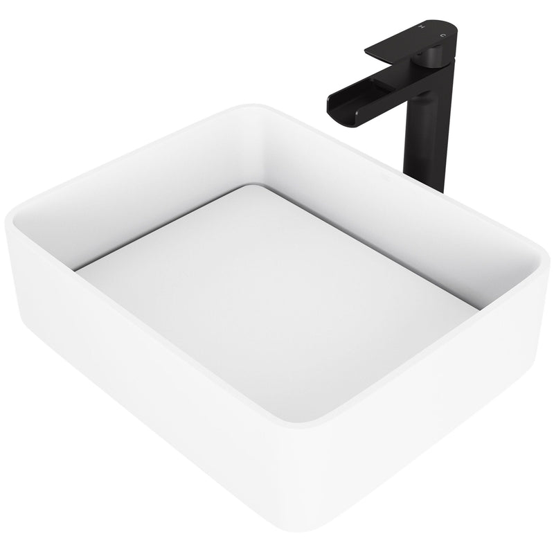 Jasmine White Bathroom Sink/Basin Set with Amada Faucet and Rectangular Composite Vessel T4795