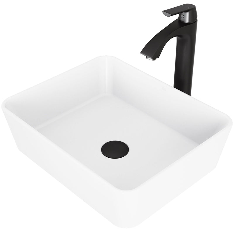Marigold White Bathroom Sink/Basin Set with Matte Black Linus Faucet and Rectangular Composite Vessel Q3362