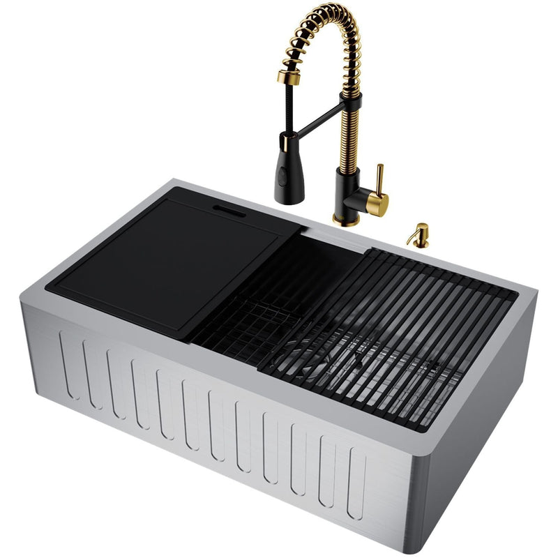 Oxford 33-in Single-Bowl Gold/Black Farmhouse Sink with Brant Faucet H9635