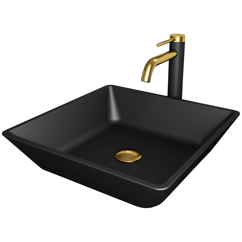 Roma Matte Black Bathroom Sink/Basin Set with Lexington Faucet and Glass Square Vessel B1523