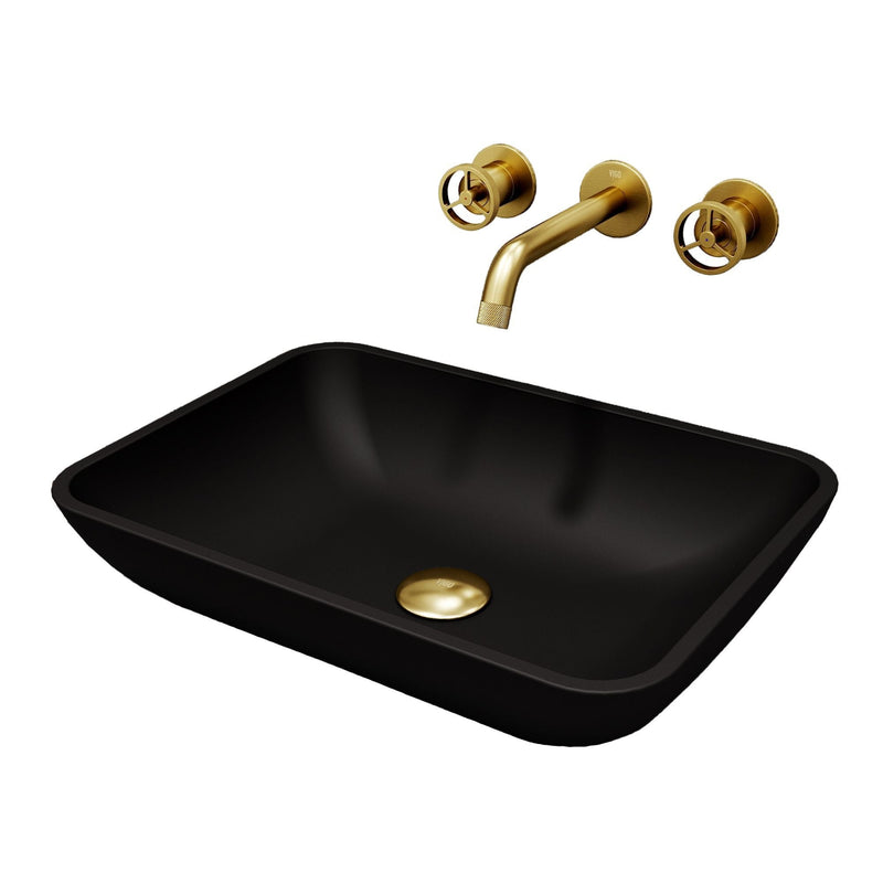 Sottile Matte Black Bathroom Sink/Basin Set with Cass Wall Mount Faucet and Glass Rectangular Vessel R3612