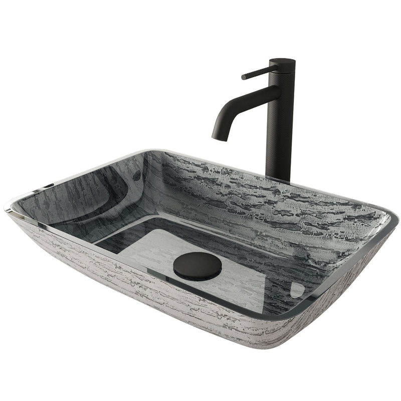 Titanium Glass Slate Grey Bathroom Sink/Basin Set with Lexington Faucet and Rectangular Vessel I2480