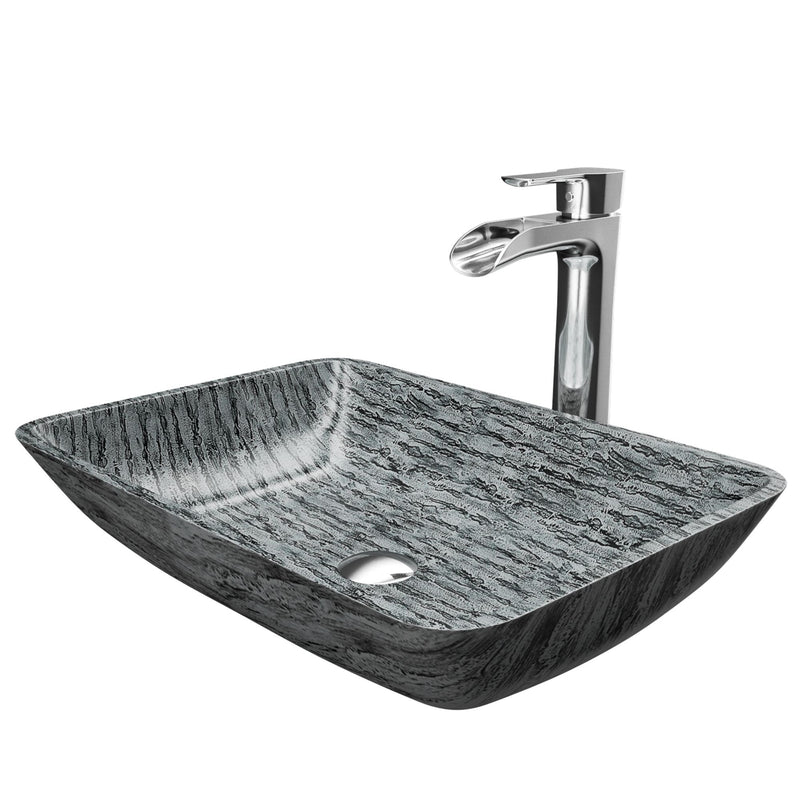 Titanium Glass Slate Grey Bathroom Sink/Basin Set with Niko Faucet and Rectangular Vessel L9127
