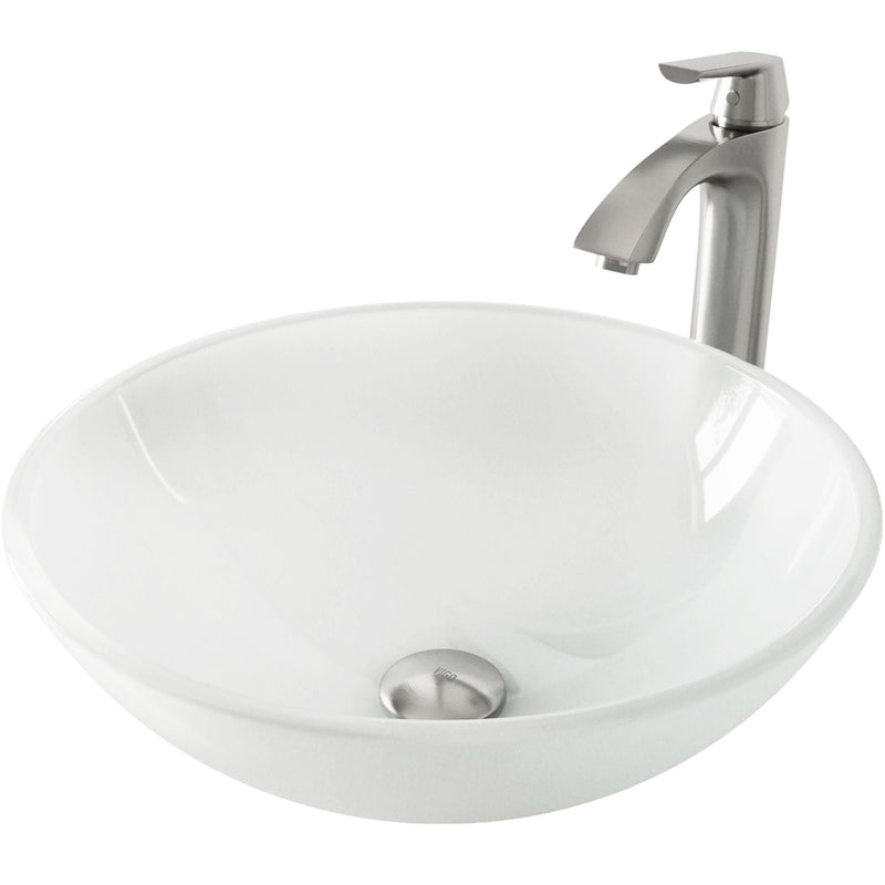 White Frost White Bathroom Sink/Basin Set with Linus Faucet and Round Glass Vessel N5742